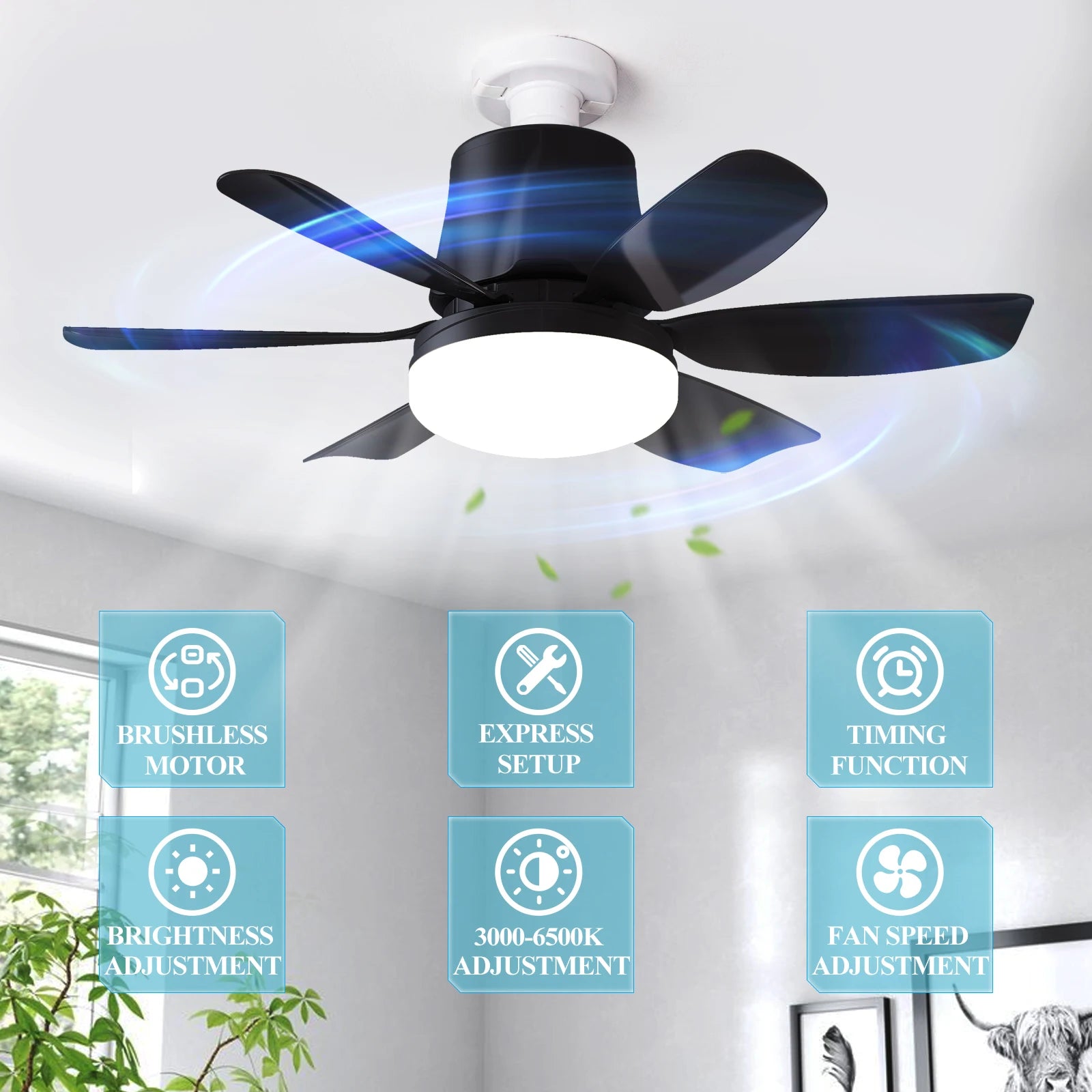 Modern LED Ceiling Fan Light – Remote Control, Dimmable, 360° Rotating