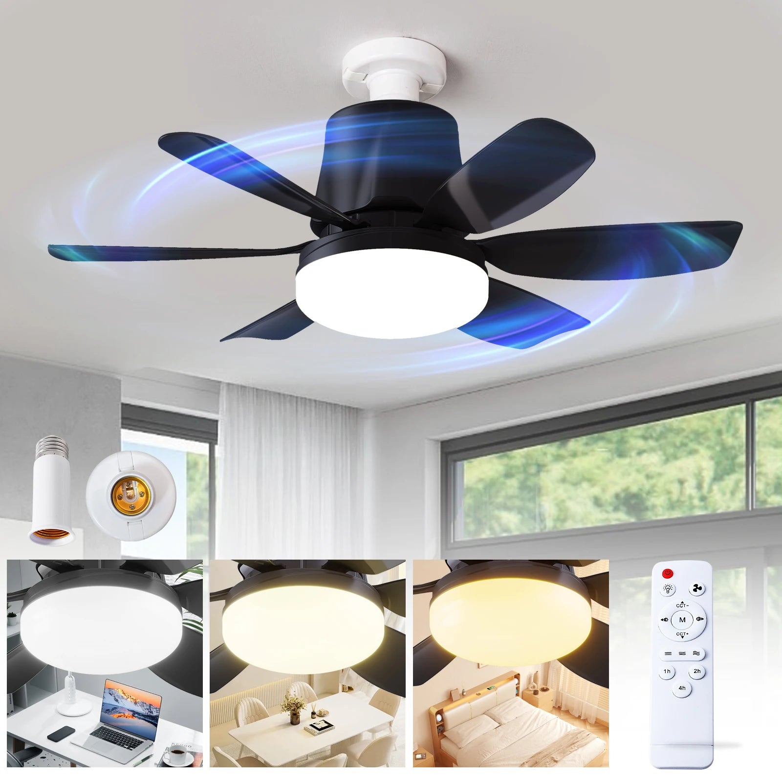 Modern LED Ceiling Fan Light – Remote Control, Dimmable, 360° Rotating
