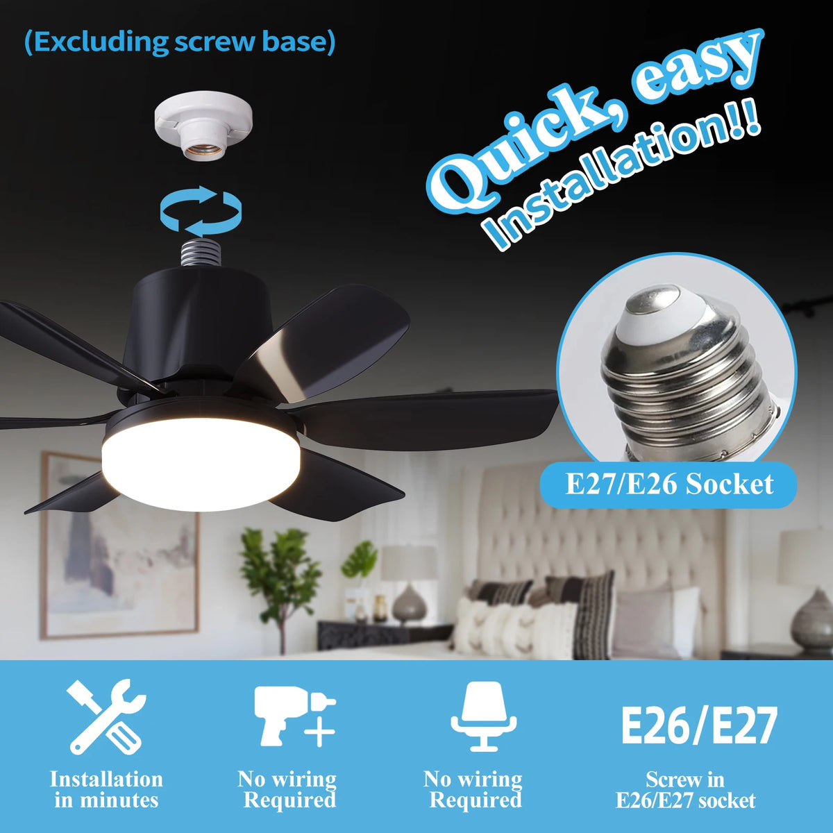 Modern LED Ceiling Fan Light – Remote Control, Dimmable, 360° Rotating