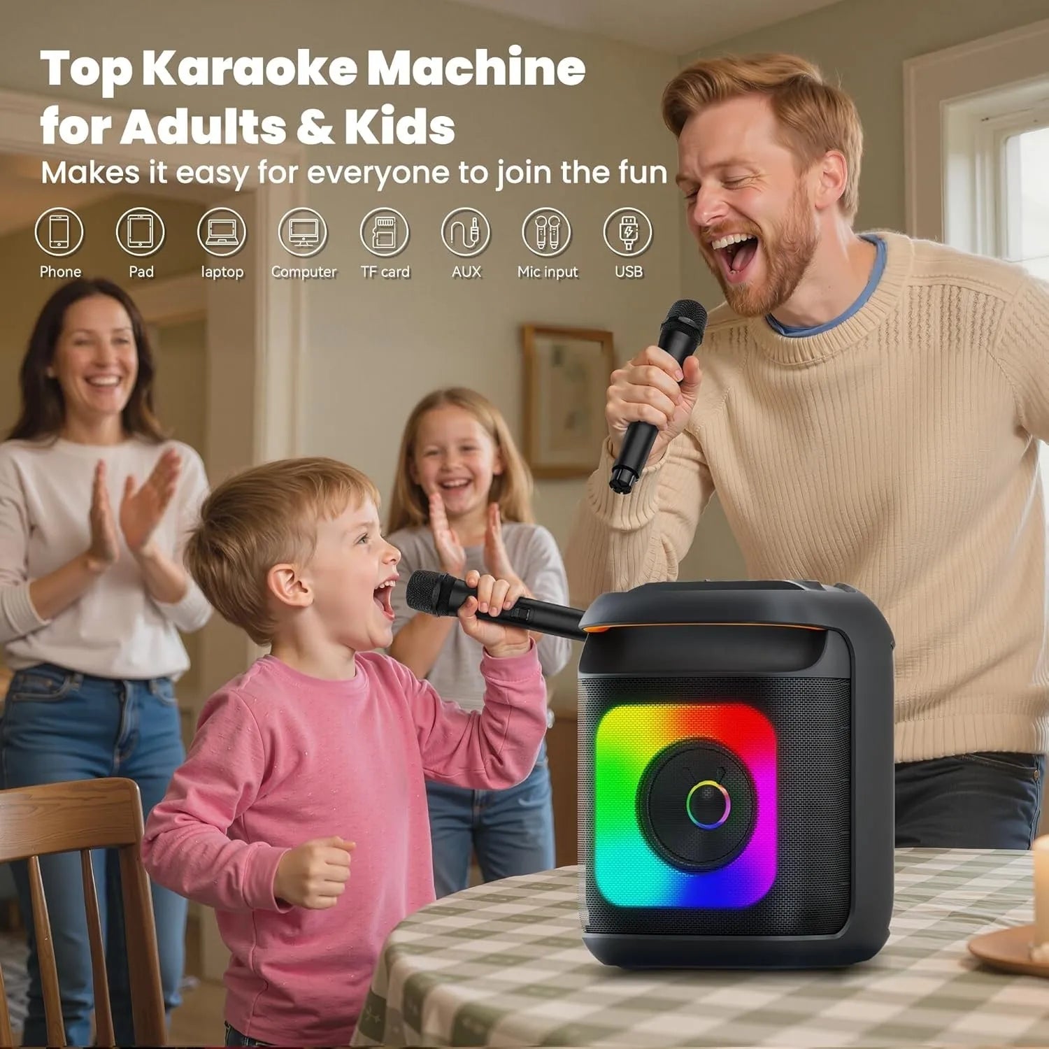 Portable Karaoke Machine with 2 Wireless Microphones & LED Lights