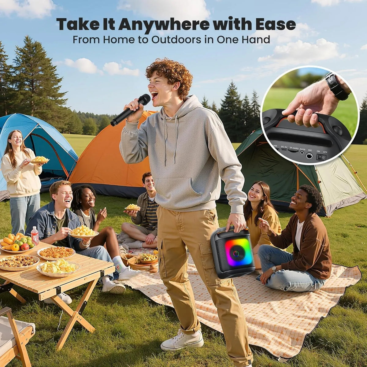 Portable Karaoke Machine with 2 Wireless Microphones & LED Lights