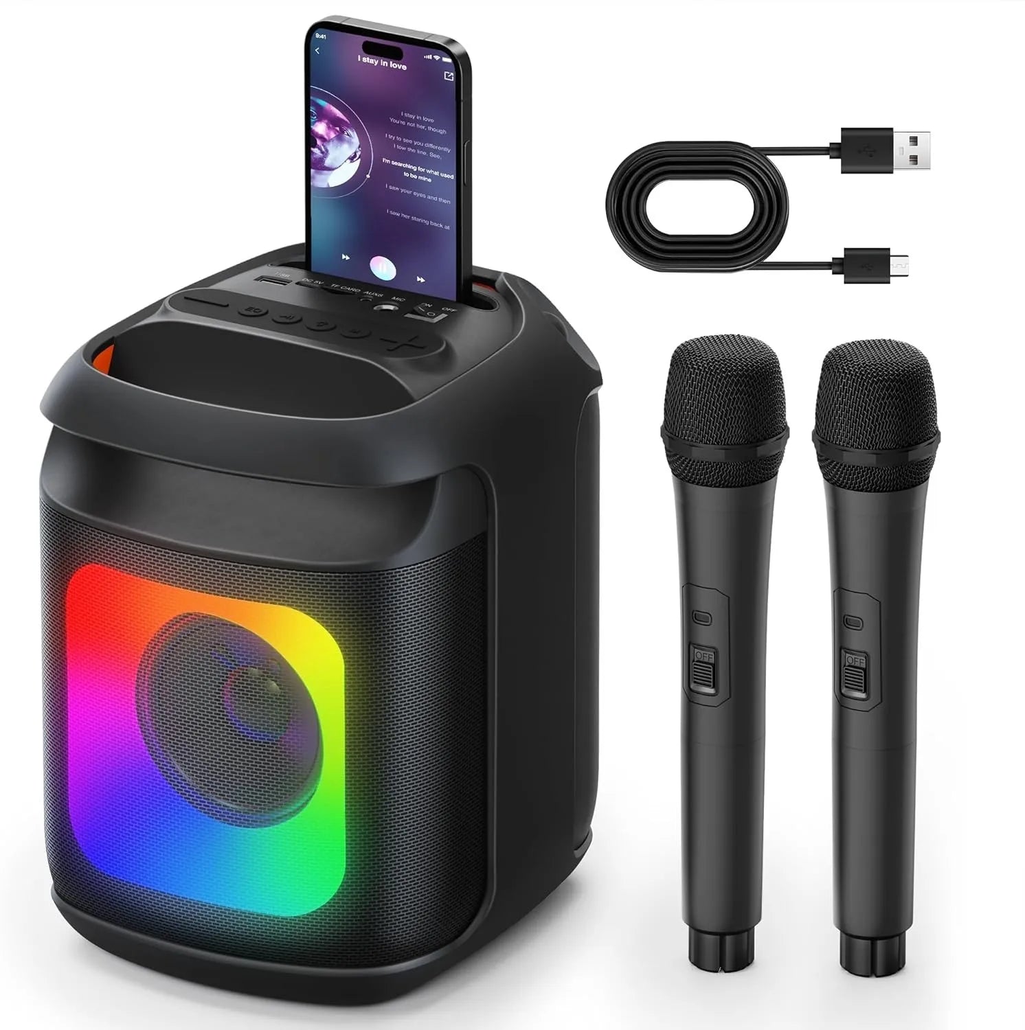 Portable Karaoke Machine with 2 Wireless Microphones & LED Lights