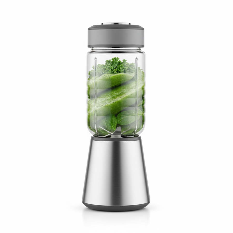 Rechargeable portable blender filled with a green smoothie